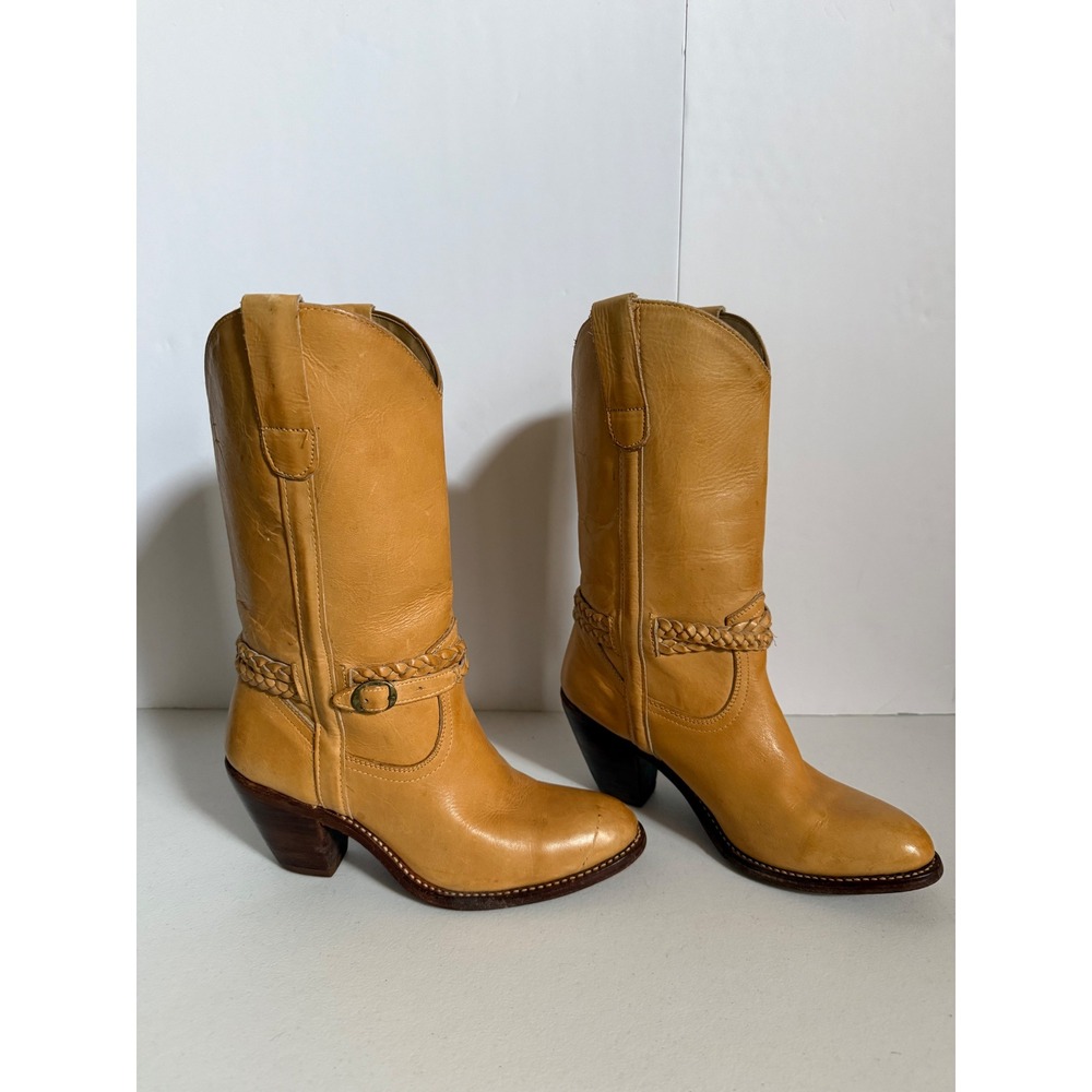 VTG Town & Country Leather Western Cowboy Boots Braided Harness Mustard Heel 7